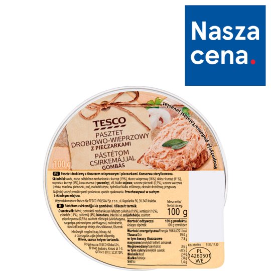 Tesco Pasztet drobiowo-wieprzowy z pieczarkami 100 g