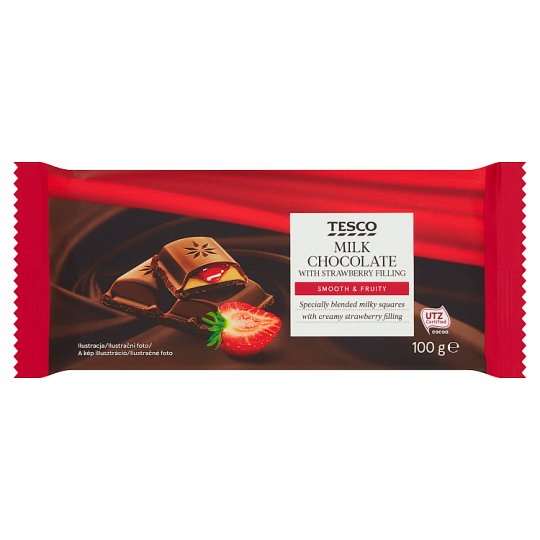 Tesco Czekolada mleczna z nadzieniem mlecznym i truskawkowym 100 g