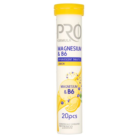 Tesco Pro Formula Magnesium & B6 Tabletki musujące o smaku cytrynowym 80 g (20 tabletek)
