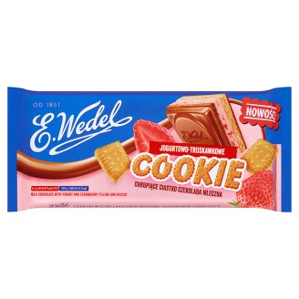 E. Wedel Cookie Czekolada mleczna z nadzieniem jogurtowo-truskawkowym i herbatnikiem 290 g