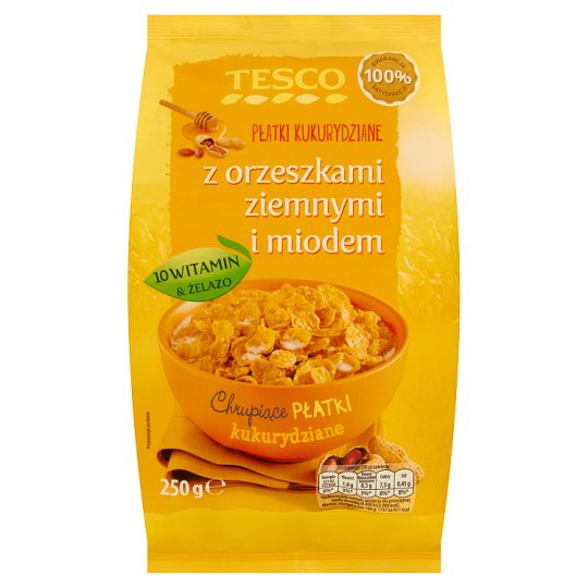 Tesco Płatki kukurydziane z orzeszkami ziemnymi i miodem 250 g