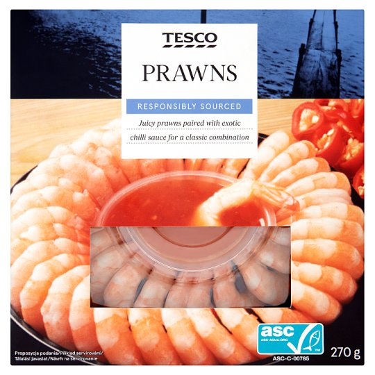 Tesco Krewetki białe gotowane obrane z sosem słodkim chili 270 g
