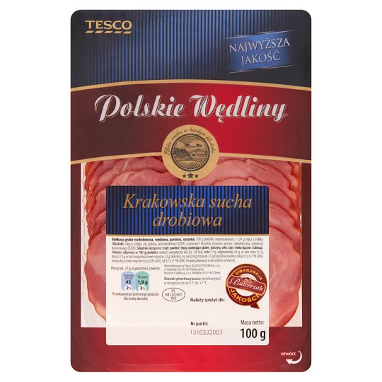 Tesco Polskie Wędliny Kiełbasa Krakowska sucha drobiowa 100 g