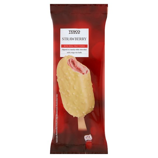 Tesco Lody truskawkowe w polewie z białej czekolady z kuleczkami ryżowymi 120 ml
