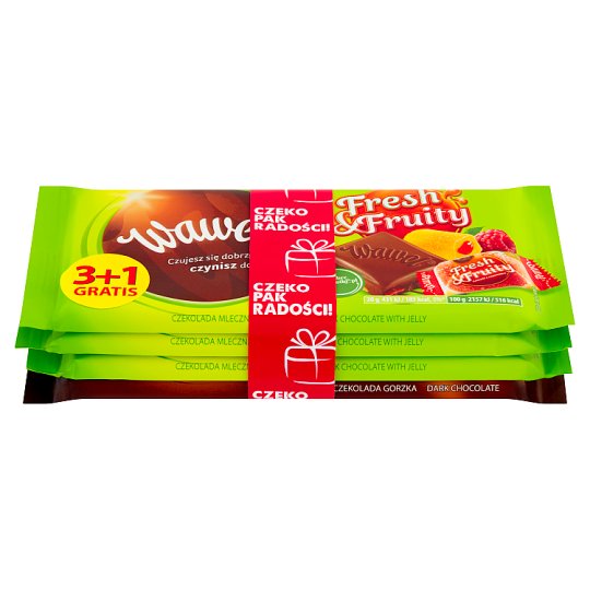 Wawel Fresh & Fruity Czekolada mleczna z galaretką 3 x 100 g i Czekolada gorzka 70% Cocoa 100 g