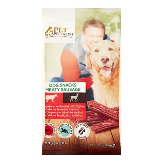 Tesco Pet Specialist Karma dla dorosłych psów kiełbaski bogate w wołowinę dziczyznę 70 g (4 sztuki)