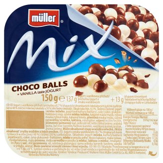 Müller Mix Jogurt o smaku waniliowym z kulkami ryżowymi w mlecznej i białej czekoladzie 150 g