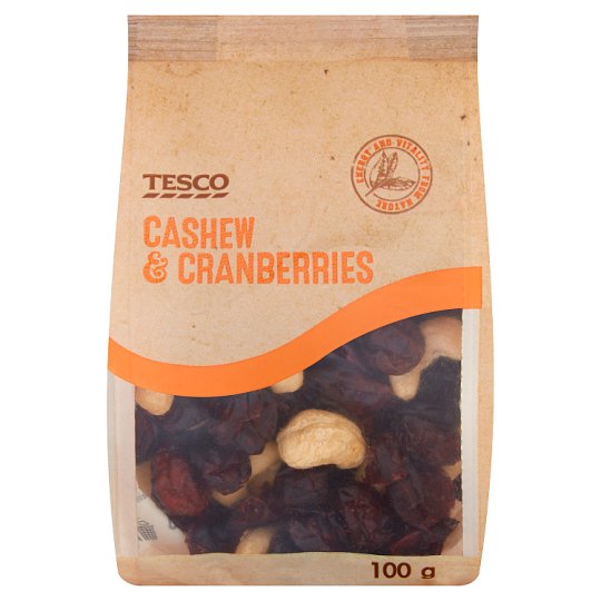 Tesco Mieszanka żurawiny kandyzowanej i orzechów nerkowca 100 g