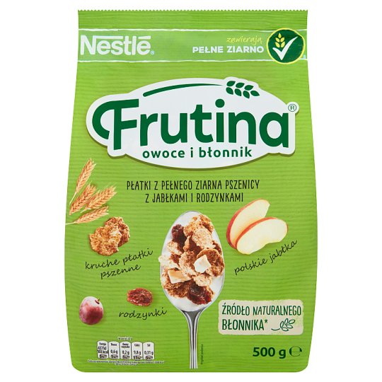 Nestlé Frutina Owoce i Błonnik Płatki z pełnego ziarna pszenicy z jabłkami i rodzynkami 500 g