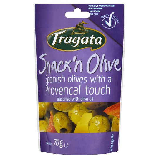 Fragata Snack'n Olive Zielone oliwki drylowane z czerwoną i żółtą papryką oraz oliwą z oliwek 70 g