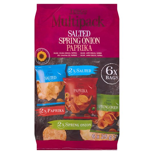 Tesco Chipsy ziemniaczane solone zielona cebulka papryka 6 x 25 g
