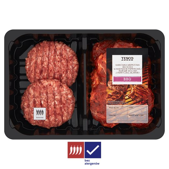 Tesco Grill Karkówka wieprzowa bez kości w marynacie i burger wołowy z papryczką jalapeño 520 g