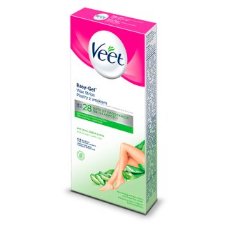 Veet Plastry z woskiem skóra sucha 12 sztuk i 2 chusteczki