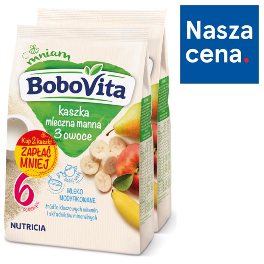 BoboVita Kaszka mleczna manna 3 owoce po 6 miesiącu 2 x 230 g