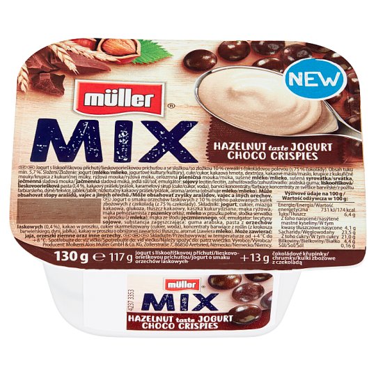 Müller Mix Jogurt o smaku orzechów laskowych z kulkami zbożowymi z czekoladą 130 g
