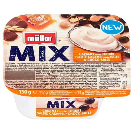 Müller Mix Jogurt o smaku karmelowym z kulkami z czekoladą i o smaku solonego karmelu 130 g