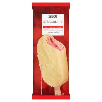 Tesco Lody truskawkowe z sosem truskawkowym w białej czekoladzie z kuleczkami ryżowymi 120 ml