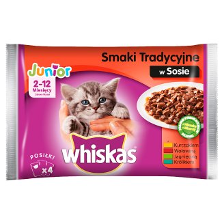 Whiskas Junior Wybór dań mięsnych w sosie Karma pełnoporcjowa 2-12 miesięcy 400 g (4 saszetki)