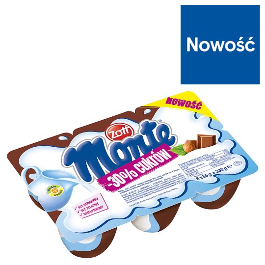 Zott Monte -30% cukrów Deser mleczny z czekoladą i orzechami 330 g (6 x 55 g)