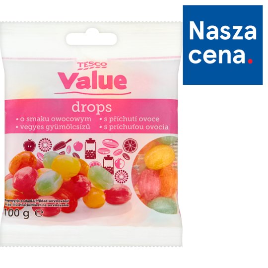 Tesco Value Drops o smaku owocowym 100 g