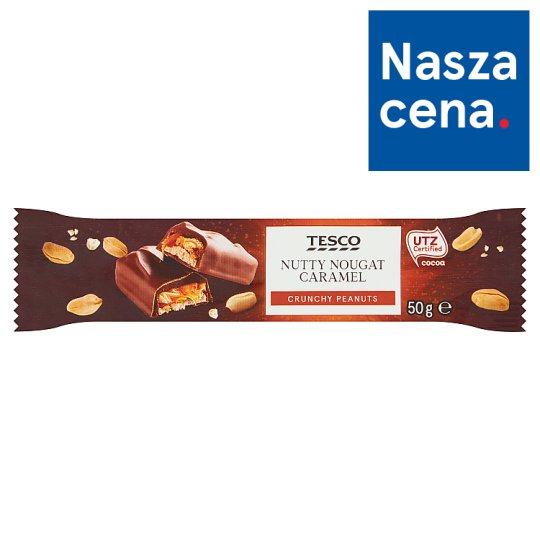 Tesco Baton z orzeszkami ziemnymi karmelem i nugatem oblany czekoladą mleczną 50 g