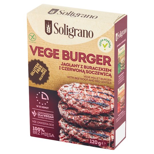 Soligrano Vege burger jaglany z buraczkiem i czerwoną soczewicą 120 g