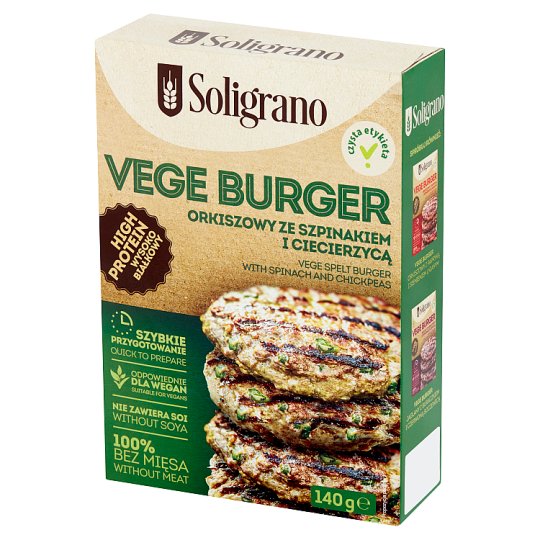 Soligrano Vege burger orkiszowy ze szpinakiem i ciecierzycą 140 g