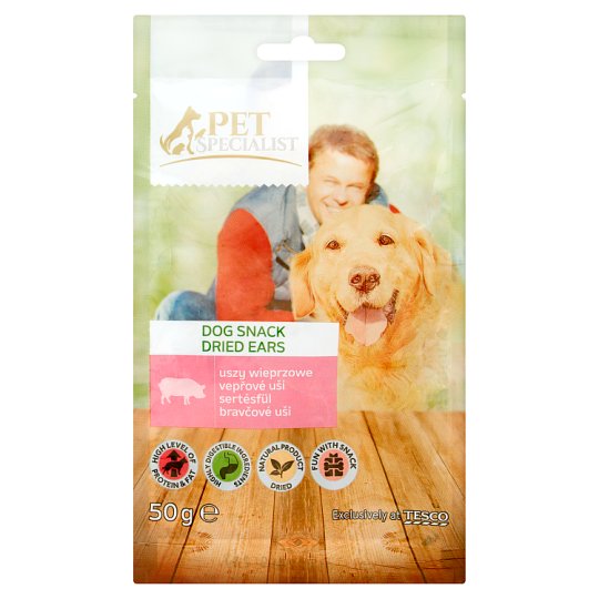 Tesco Pet Specialist Materiał paszowy dla dorosłych psów suszone uszy wieprzowe w kawałkach 50 g