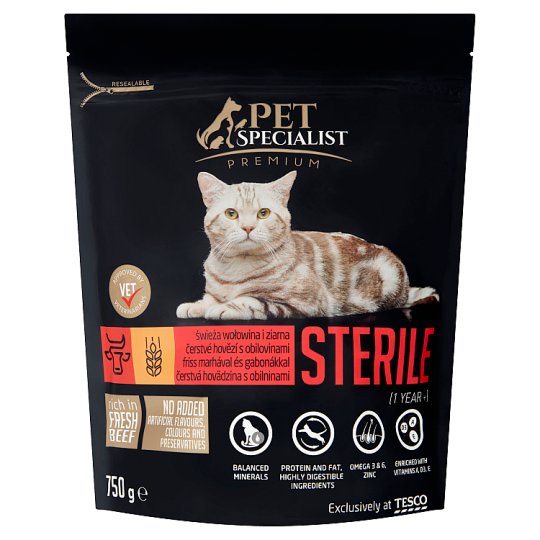 Tesco Pet Specialist Premium Karma dla dorosłych sterylizowanych kotów wołowina i ziarna 750 g