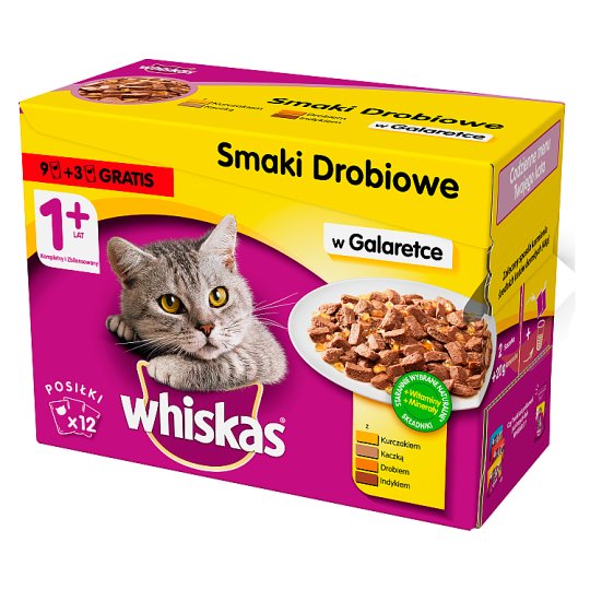 Whiskas 1+ lat Karma pełnoporcjowa smaki drobiowe w galaretce 1,2 kg (12 x 100 g)