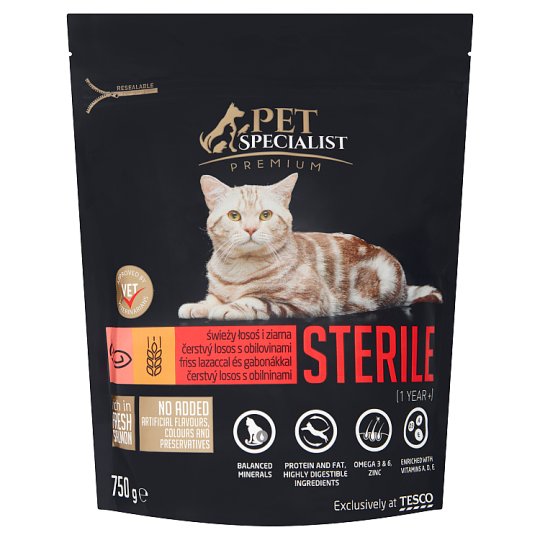 Tesco Pet Specialist Premium Karma dla dorosłych sterylizowanych kotów łosoś i ziarna 750 g