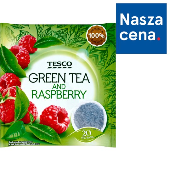 Tesco Herbata zielona o smaku malinowym 40 g (20 torebek)