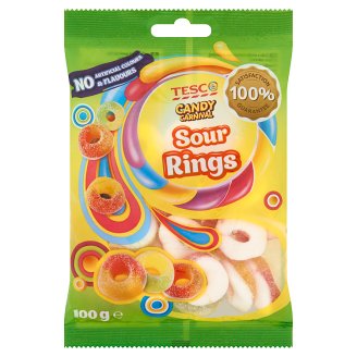 Tesco Candy Carnival Sour Rings Żelki o smaku owocowym w kwaśnej posypce cukrowej 100 g