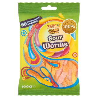 Tesco Candy Carnival Sour Worms Żelki o smaku owocowym w kwaśnej posypce cukrowej 100 g