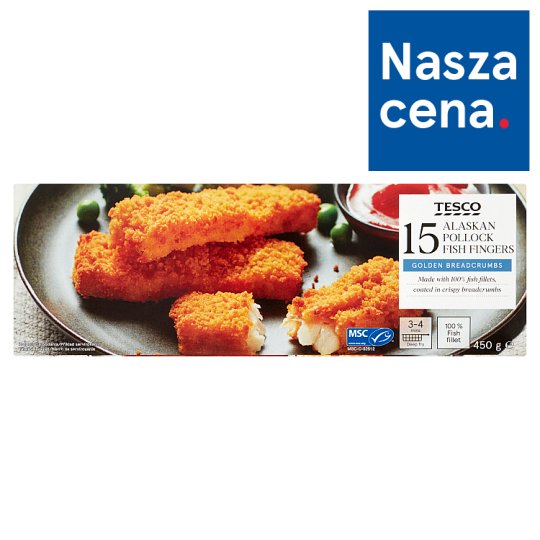 Tesco Paluszki rybne krojone z bloków mintaja w panierce 450 g