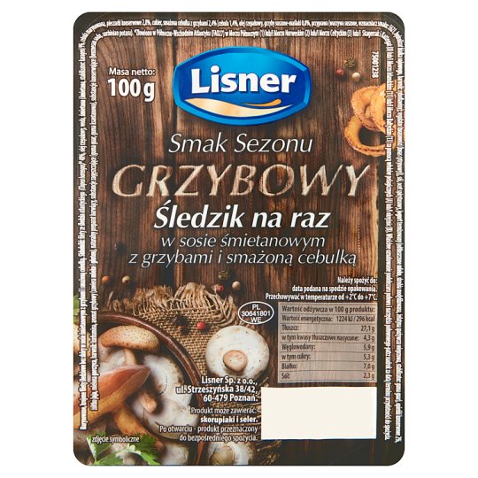 Lisner Smak Sezonu Grzybowy Śledzik na raz w sosie śmietanowym z grzybami i smażoną cebulką 100 g