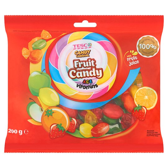 Tesco Candy Carnival Karmelki twarde z nadzieniem o smaku owocowym i witaminami 200 g