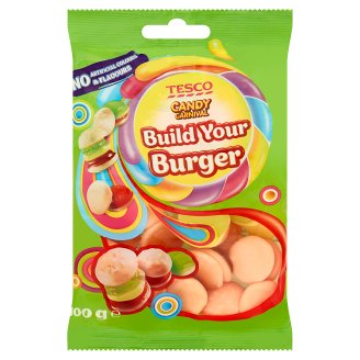 Tesco Candy Carnival Build Your Burger Żelki o smaku owocowym z sokiem winogronowym 100 g