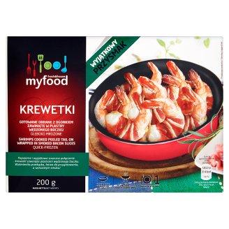 MyFood Krewetki gotowane obrane z ogonkiem zawinięte w plastry wędzonego boczku 200 g