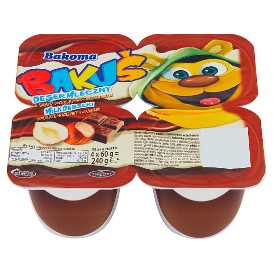 Bakoma Bakuś Deser mleczny o smaku czekoladowo-orzechowym 240 g (4 sztuki)