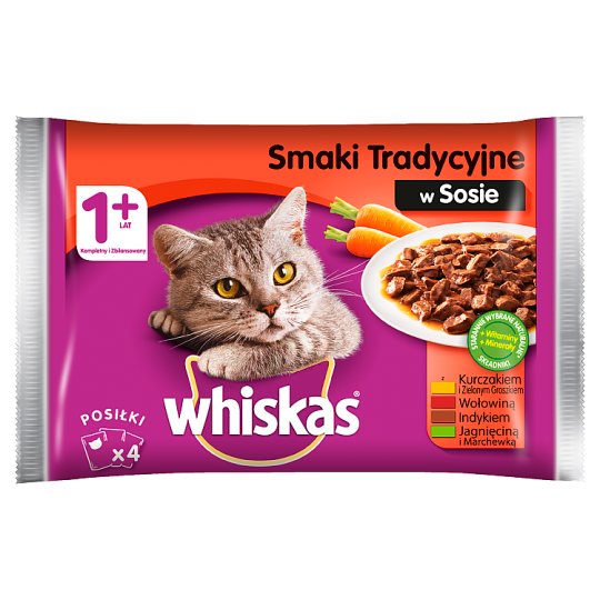 Whiskas 1+ lat Karma pełnoporcjowa smaki tradycyjne w sosie 400 g (4 x 100 g)
