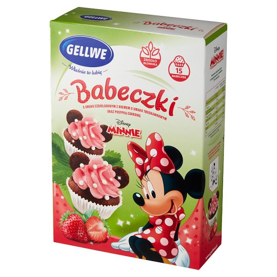 Gellwe Minnie Babeczki o smaku czekoladowym z kremem truskawkowym oraz posypką cukrową 230 g