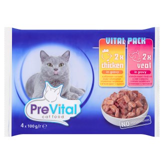 PreVital Vital Pack Karma dla dorosłych kotów z kurczakiem lub cielęciną w sosie 4 x 100 g