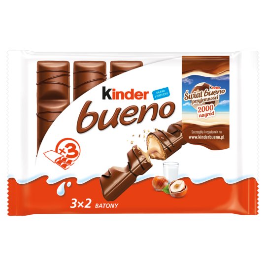 Kinder Bueno Wafel w mlecznej czekoladzie wypełniony mleczno-orzechowym nadzieniem 3 x 43 g