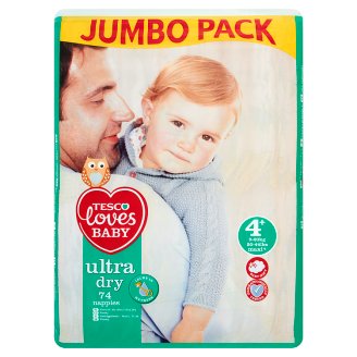 Tesco Loves Baby Ultra Dry Pieluszki jednorazowe 4+ maxi+ 9-20 kg 74 sztuki