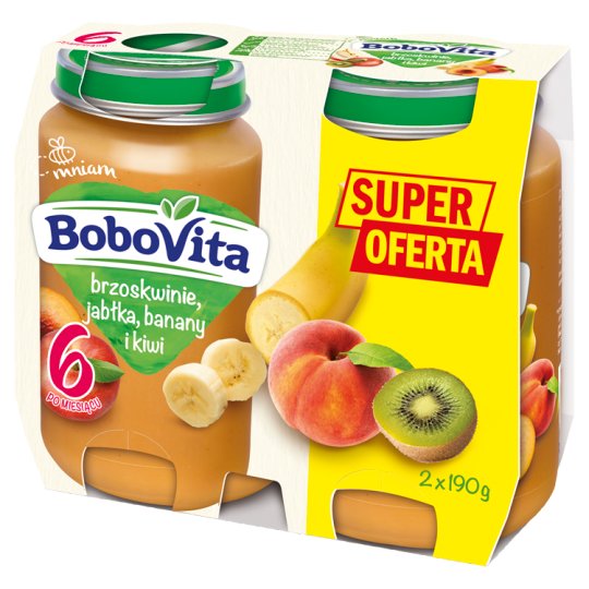BoboVita Brzoskwinie jabłka banany i kiwi po 6 miesiącu 2 x 190 g