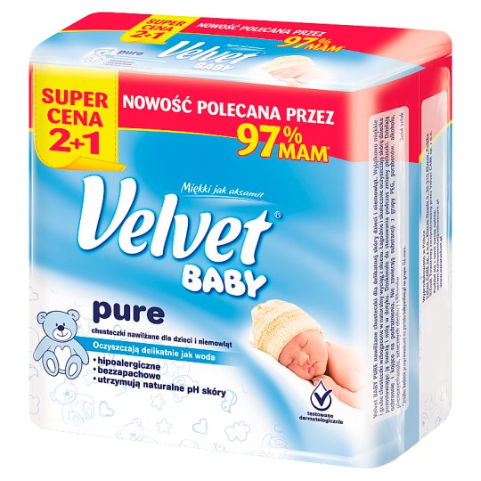 Velvet Baby Pure Chusteczki nawilżane dla dzieci i niemowląt 3 x 64 sztuki