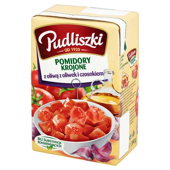 Pudliszki Pomidory krojone z oliwą z oliwek i czosnkiem 390 g