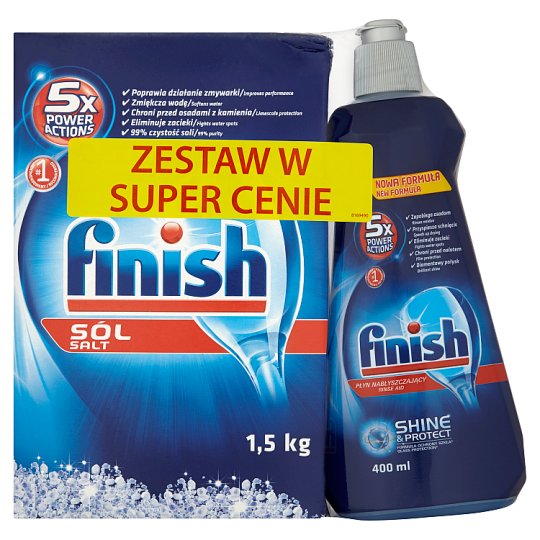 Finish 5x Power Actions Zestaw Sól do zmywarek 1,5 kg i Płyn nabłyszczający 400 ml