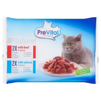 PreVital Naturel Pełnoporcjowa karma dla kotów z wołowiną i łososiem w sosie 4 x 85 g